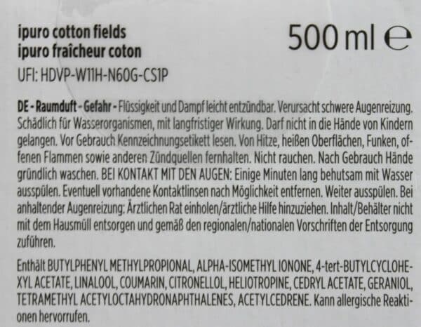 1L/49,80€ Ipuro Raumduft-Nachfüller Cotton Fields Blumig 500 ml Flasche NEU – Bild 2