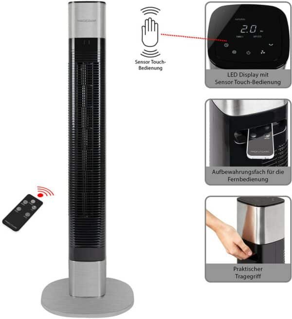 Proficare Turmventilator Standventilator aus Edelstahl mit Fernbedienung Silber – Bild 2
