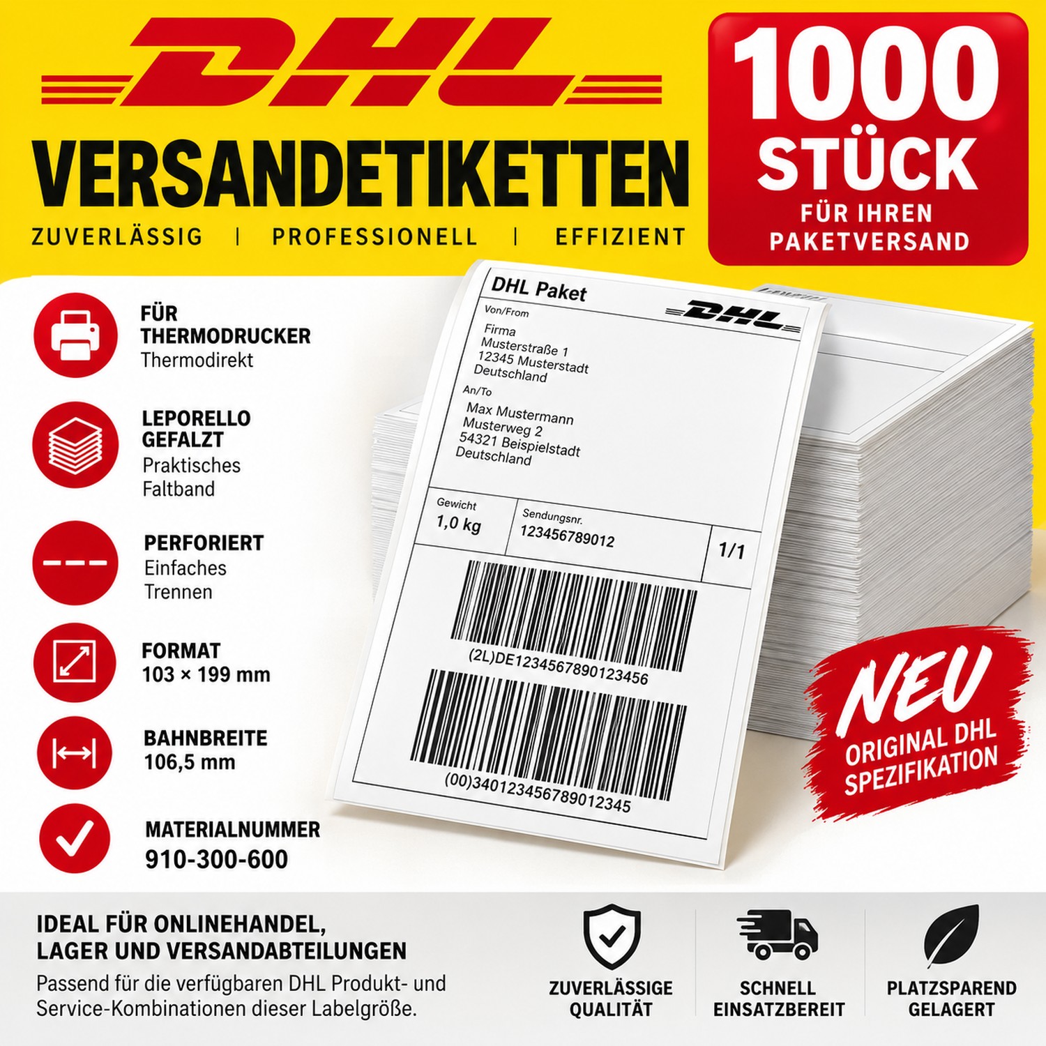 1000x DHL Versandetiketten 103x199 mm Thermo Leporello 910-300-600 NEU