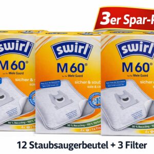12 Swirl M60 Staubsauger-Beutel für Miele Staubsauger + 3 Abluftfilter NEU