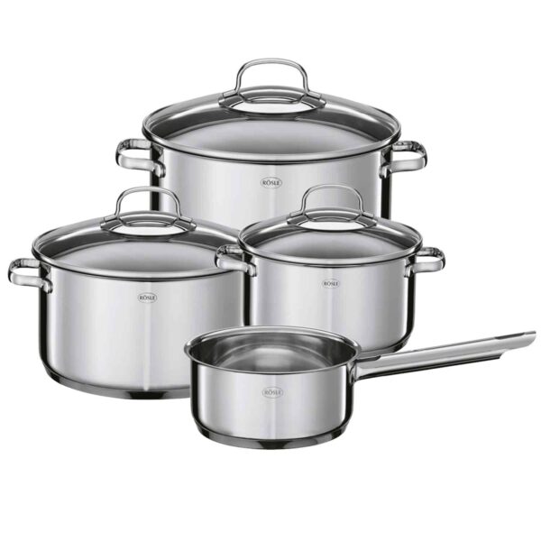 RÖSEL Edelstahl Topf-Set mit Glasdeckel Serie Elegance 4-tlg. 16 cm 20 cm 24 cm