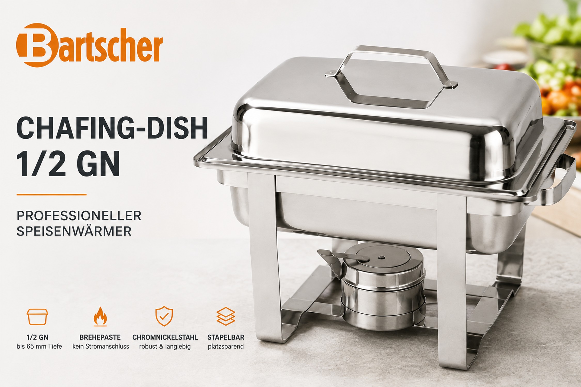 Bartscher Chafing-Dish 1/2 GN Speisenwärmer für Brennpaste Silber NEU