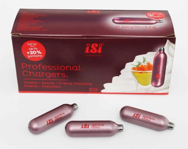 50x ISI N2O Sahne-Kapseln cream capsules Professional Chargers NEU