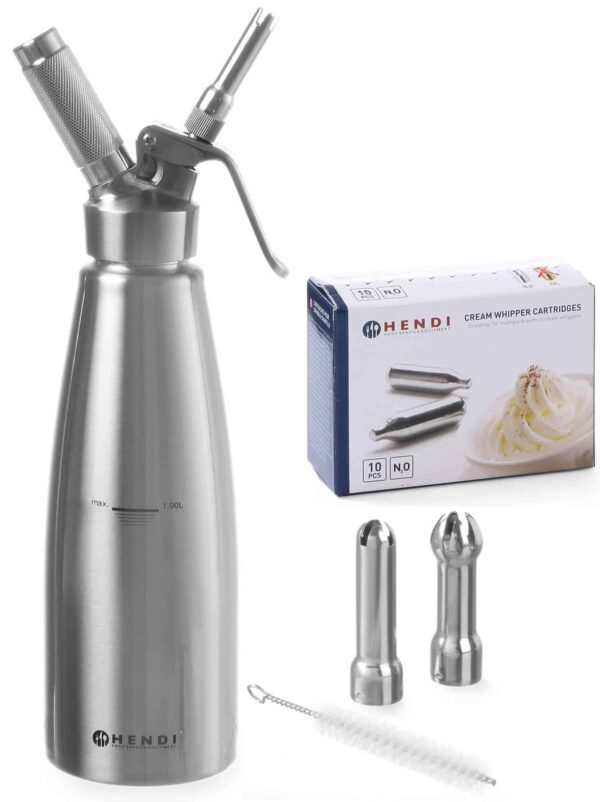 Hendi 1 Liter N2O Sahnespender aus Edelstahl + 10x Sahne-Kapseln Silber NEU