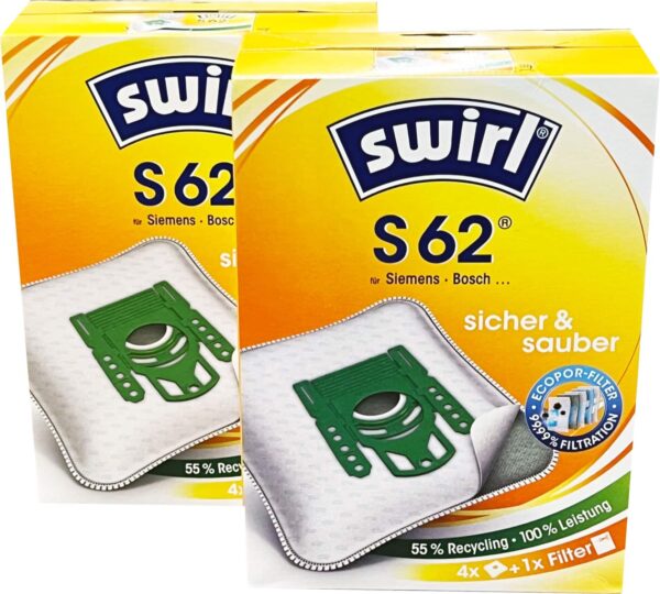 8x Swirl Staubsaugerbeutel S62 für Siemens Bosch + 2 Abluftfilter NEU