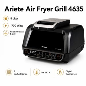 Ariete Air Fryer Heißluftfritteuse Grill 4635 8 Liter 8 Programme Schwarz NEU