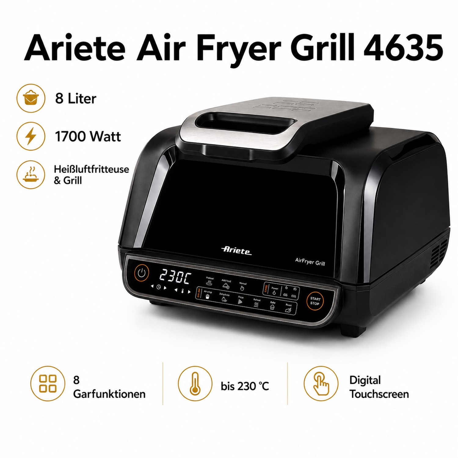 Ariete Air Fryer Heißluftfritteuse Grill 4635 8 Liter 8 Programme Schwarz NEU