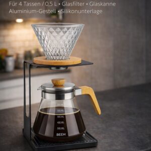 BEEM Pour Over Kaffeebereiter Set 4 Tassen 0,5 L Borosilikatglas Holz Glas NEU