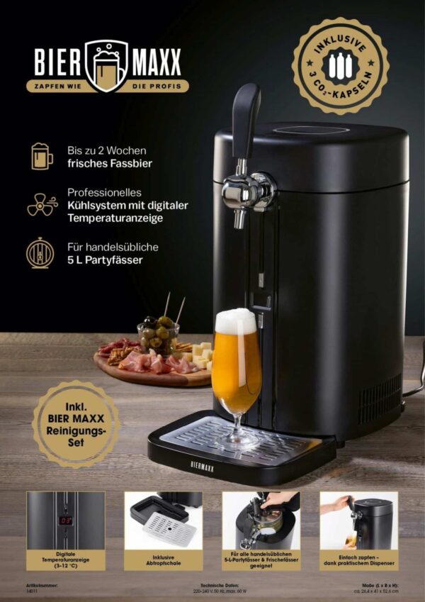 Biermaxx Bier-Zapfanlage für 5 Liter Bier-Fässer mit Kühlung inkl. CO2 Kapseln – Bild 2