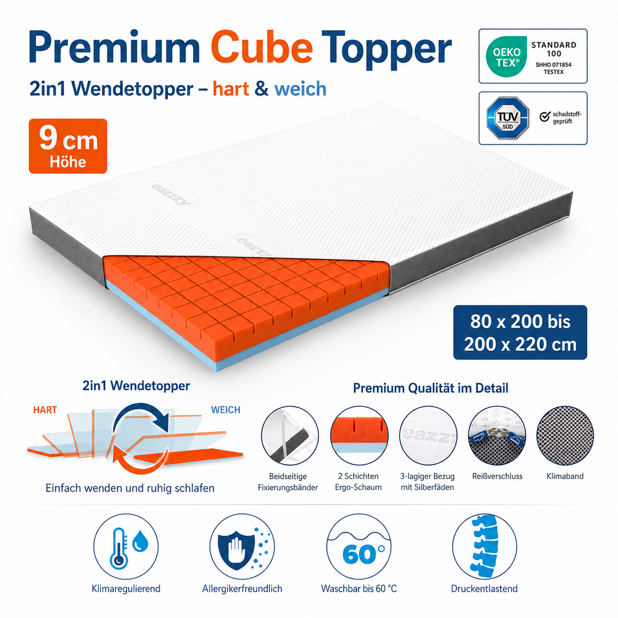 Genius eazzzy Premium Cube Wende-Topper 160 x 200 x 9 cm Gelschaum Memory NEU