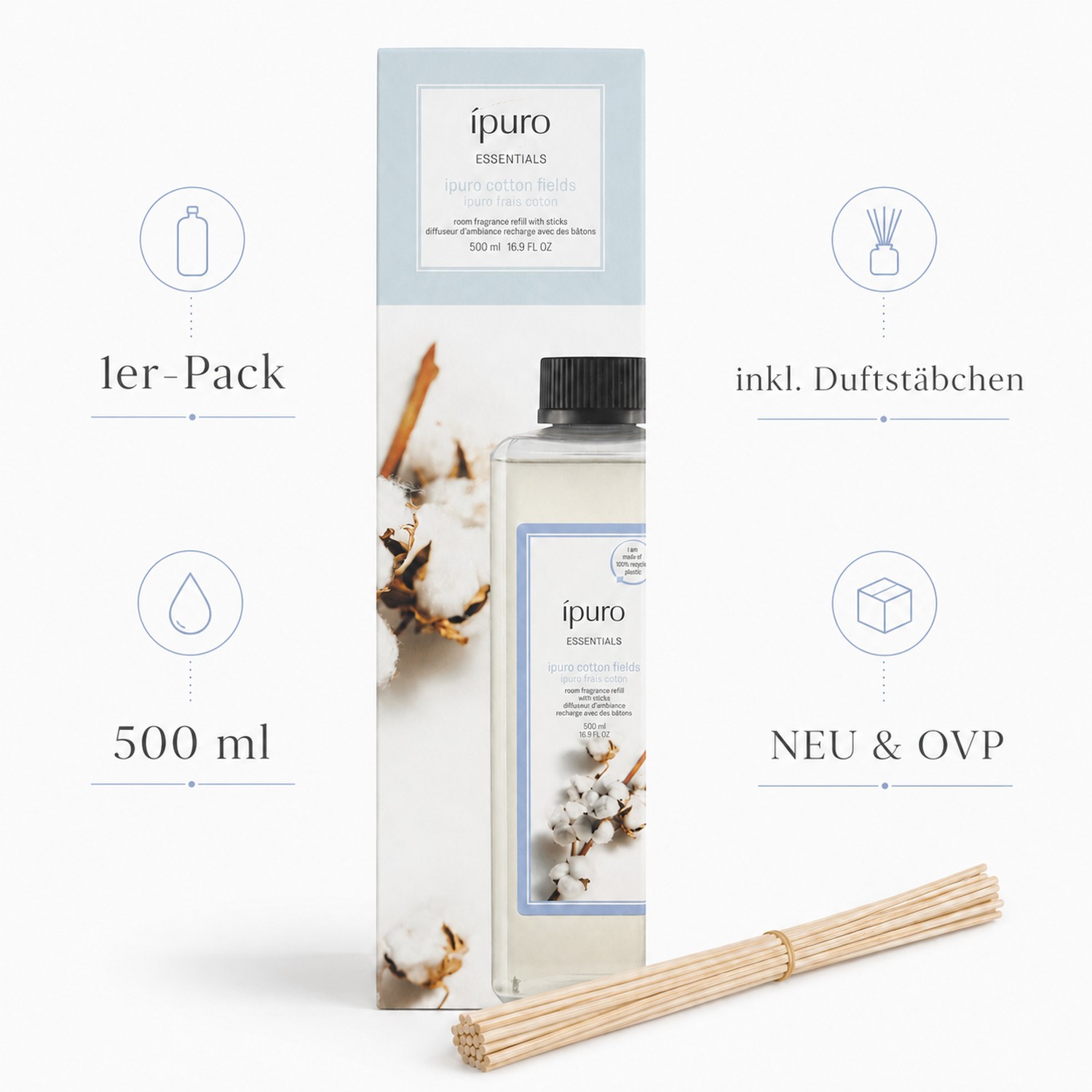 1L/49,80€ Ipuro Raumduft-Nachfüller Cotton Fields Blumig 500 ml Flasche NEU
