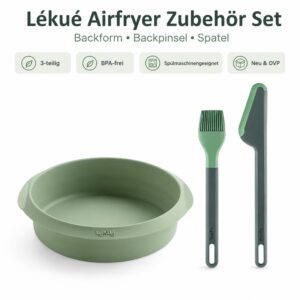 Lékué Airfryer-Set Heißluftfritteuse Silikon Backform Zange Pinsel Grün NEU