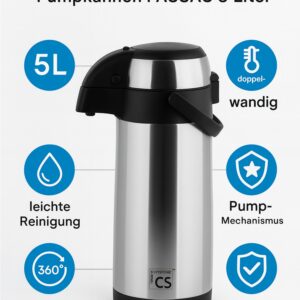 5 Liter Thermo-Pumpkanne Thermoskanne Pump-Isolierkanne Edelstahl NEU