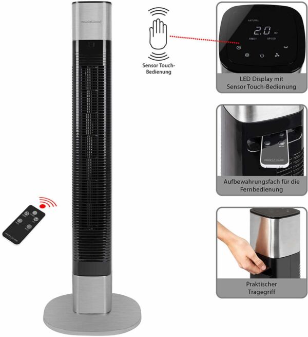Proficare Turmventilator Standventilator aus Edelstahl mit Fernbedienung Silber – Bild 2