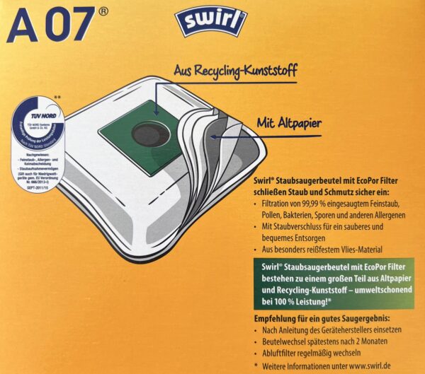 8 SWIRL Staubsaugerbeutel A07 für AEG Electrolux + 2 Abluftfilter NEU – Bild 3