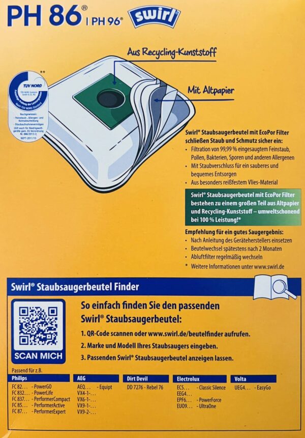 8 Swirl Staubsaugerbeutel PH86 PH96 für Philips AEG Volta + 2 Abluftfilter NEU – Bild 2