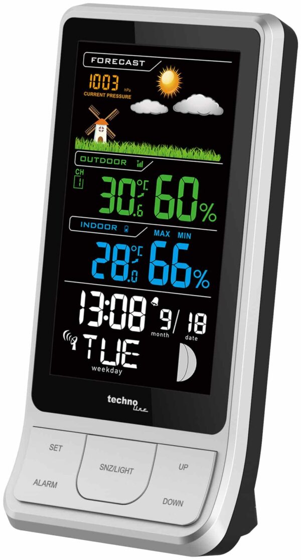 Wetterststation Funk-Uhr Wecker Mondphasen mit Aussensensor TechnoLine Silber