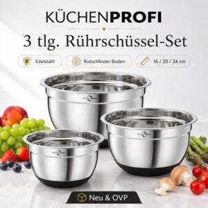 KÜCHENPROFI Rühr-Schüssel-Set aus Edelstahl rutschfest 3-tlg. Ø 16 20 24 cm NEU