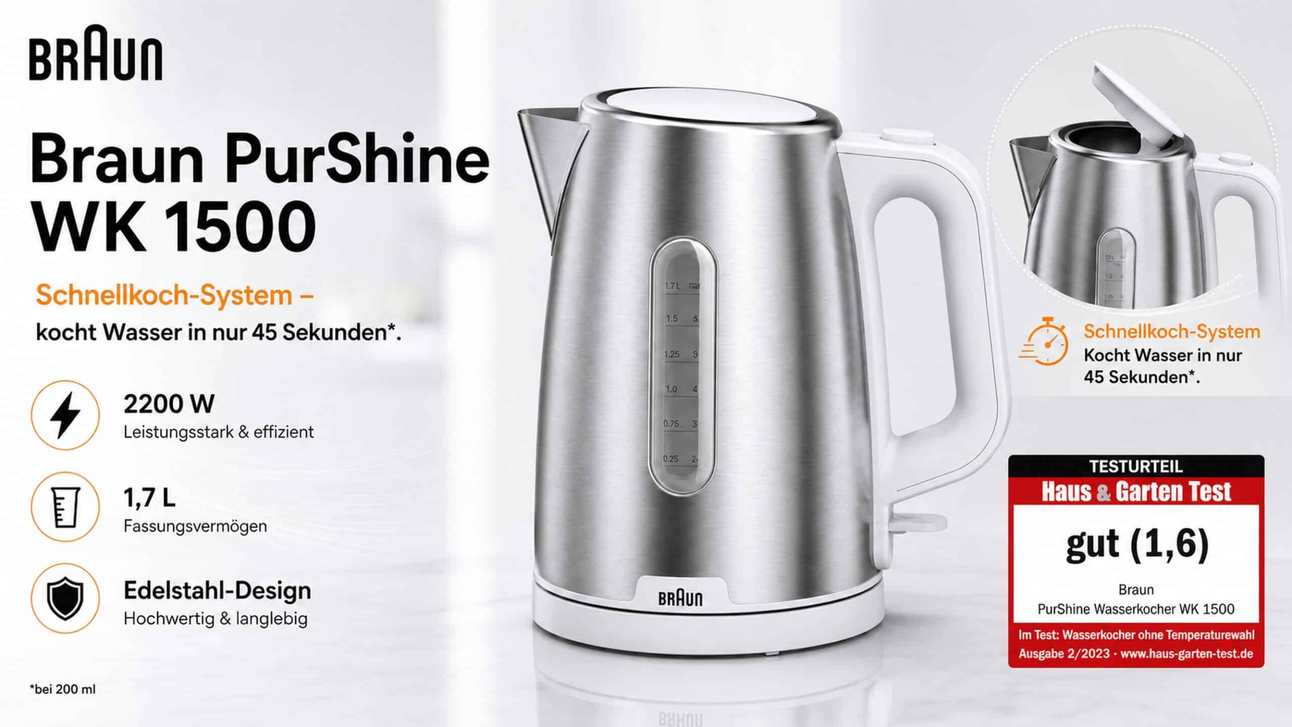 Braun PurShine Wasserkocher 1,7 Liter 2200W Weiß Edelstahl NEU