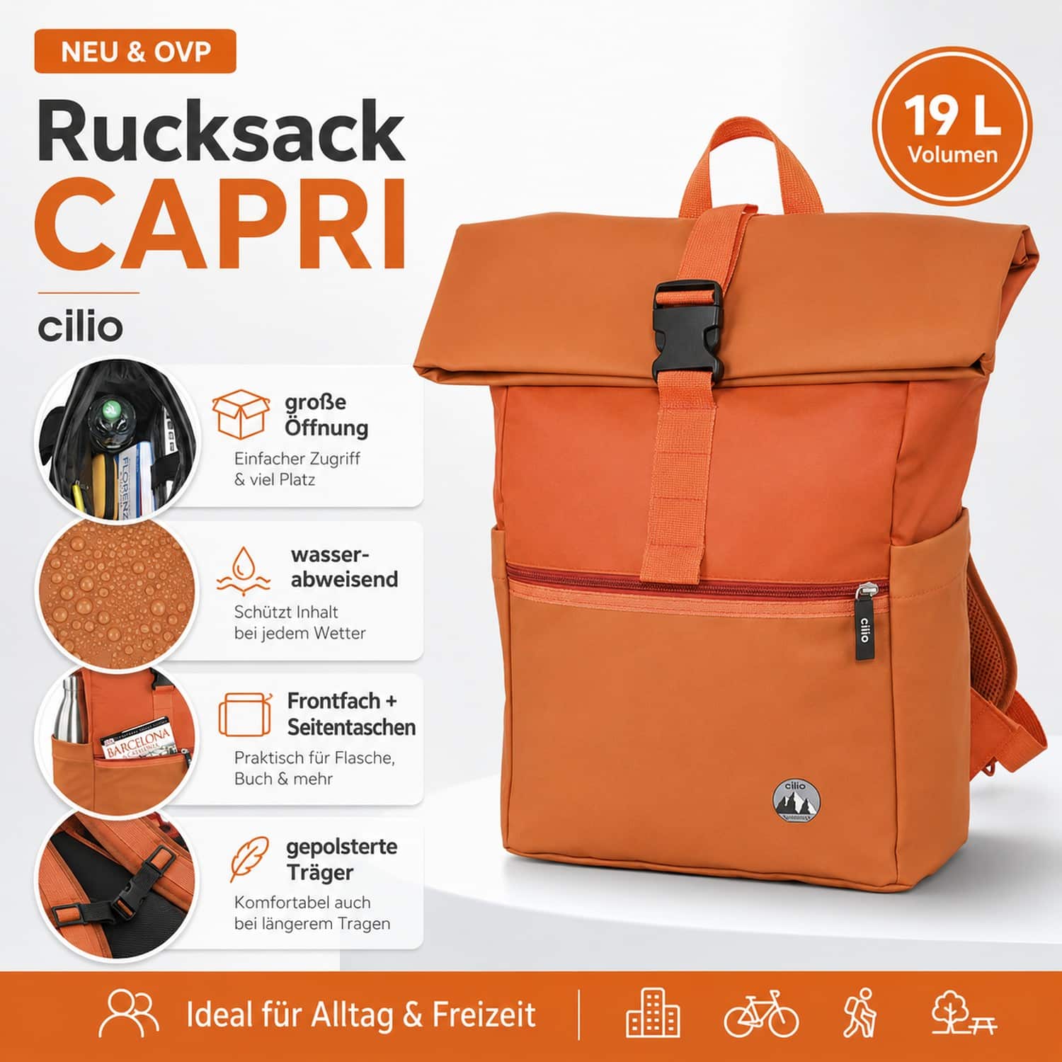Cilio Rucksack CAPRI Freizeitrucksack Orange 19 Liter wasserabweisend NEU