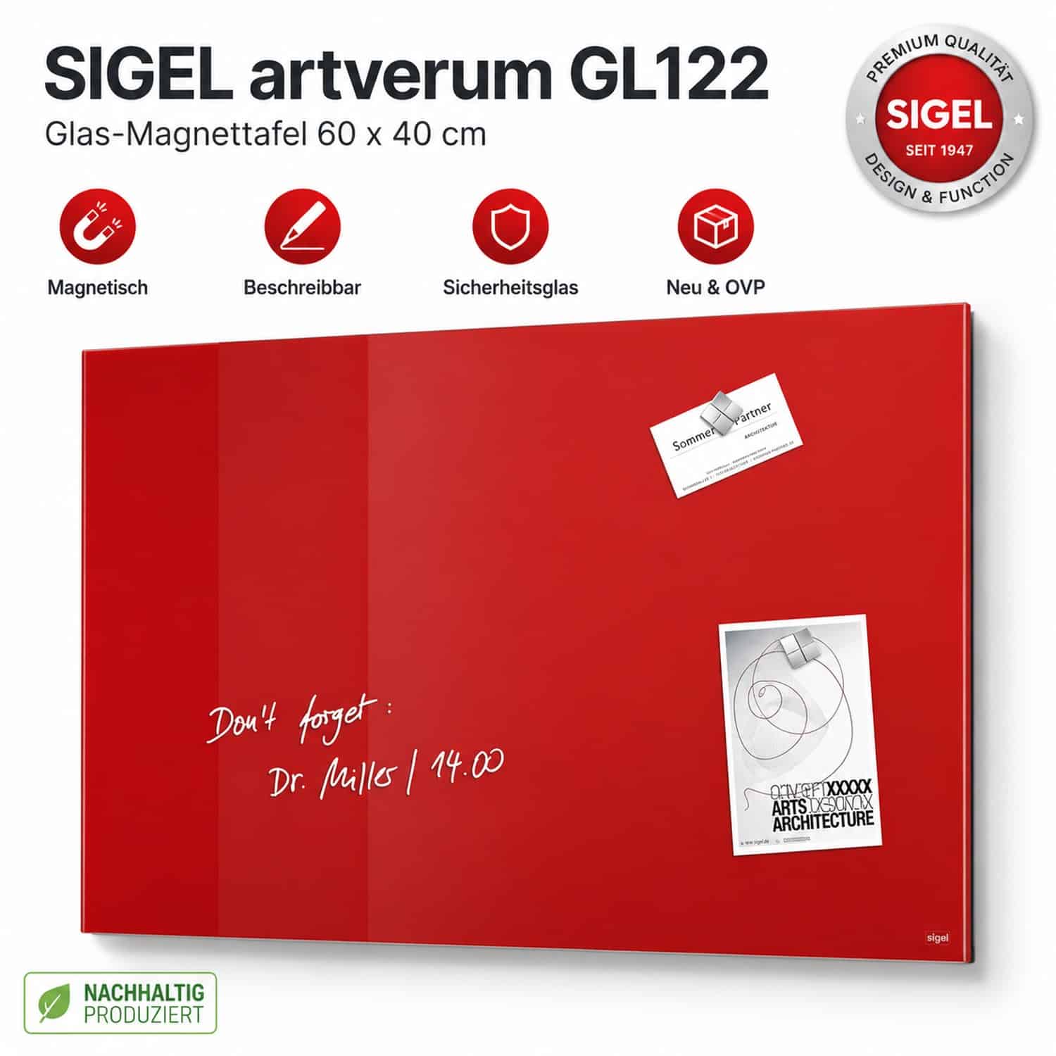 SIGEL Glas Magnettafel Magnetboard artverum GL122 60×40 cm Rot NEU